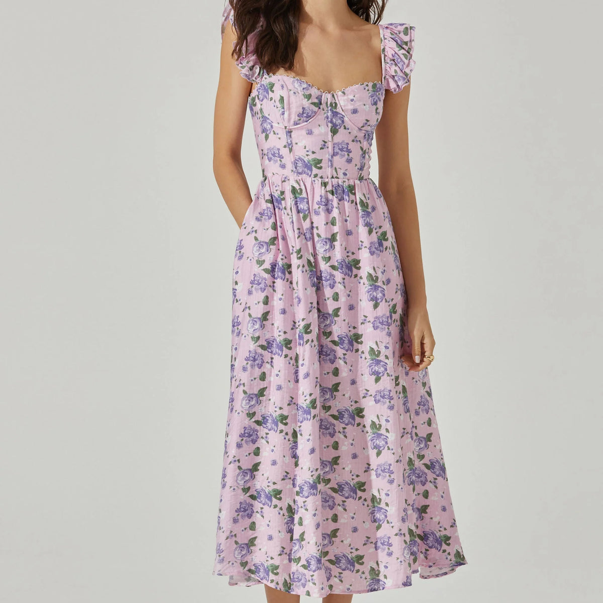wedelia floral bustier ruffle midi dress Wedelia Floral Bustier Midi Dress – 102 Lake
