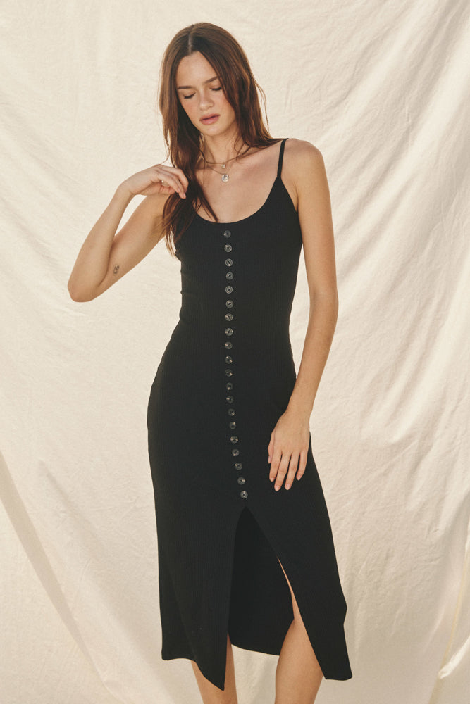 Button Detail Ribbed Midi Dress