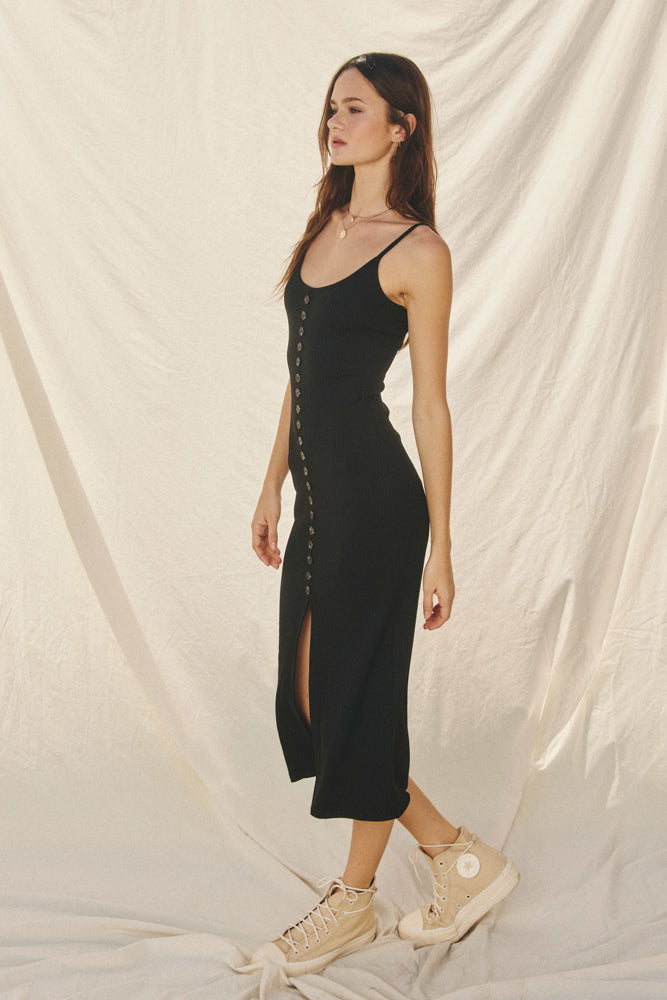 Button Detail Ribbed Midi Dress