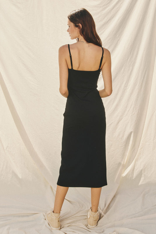 Button Detail Ribbed Midi Dress