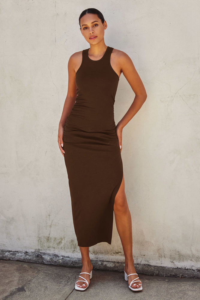 Ribbed Racerback Ruched Midi Dress