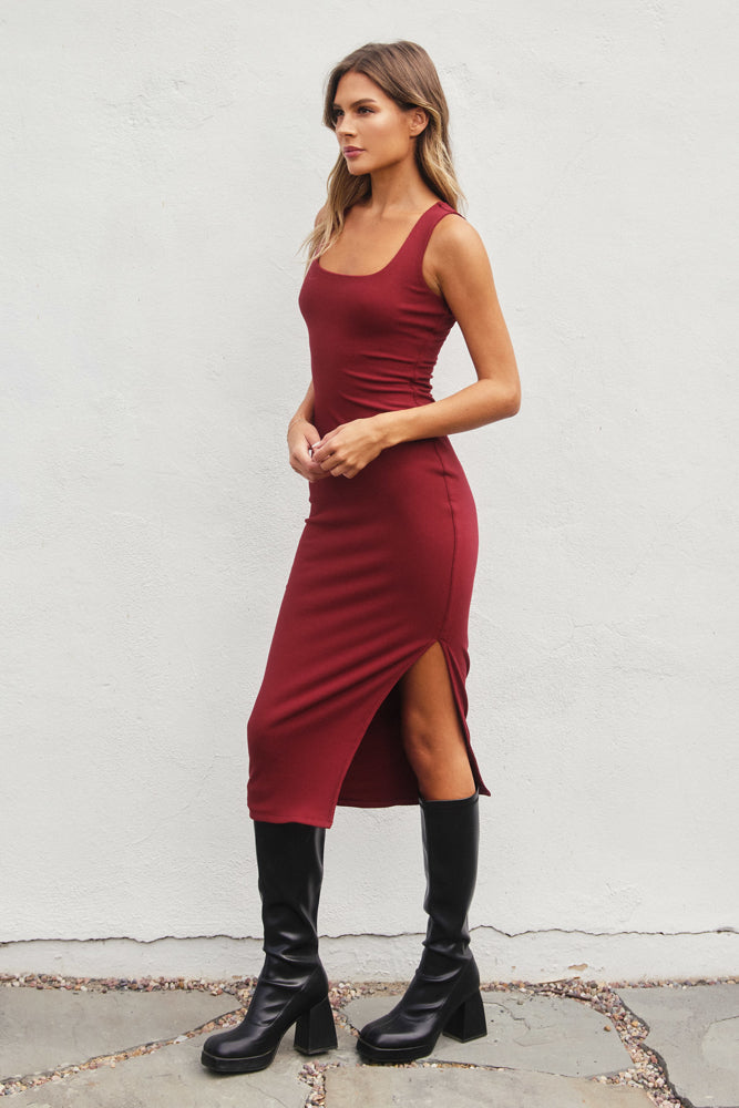 Square Neck Ribbed Knit Midi Dress