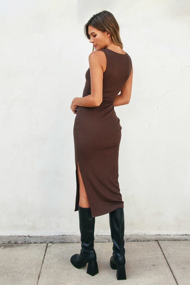 Square Neck Ribbed Knit Midi Dress