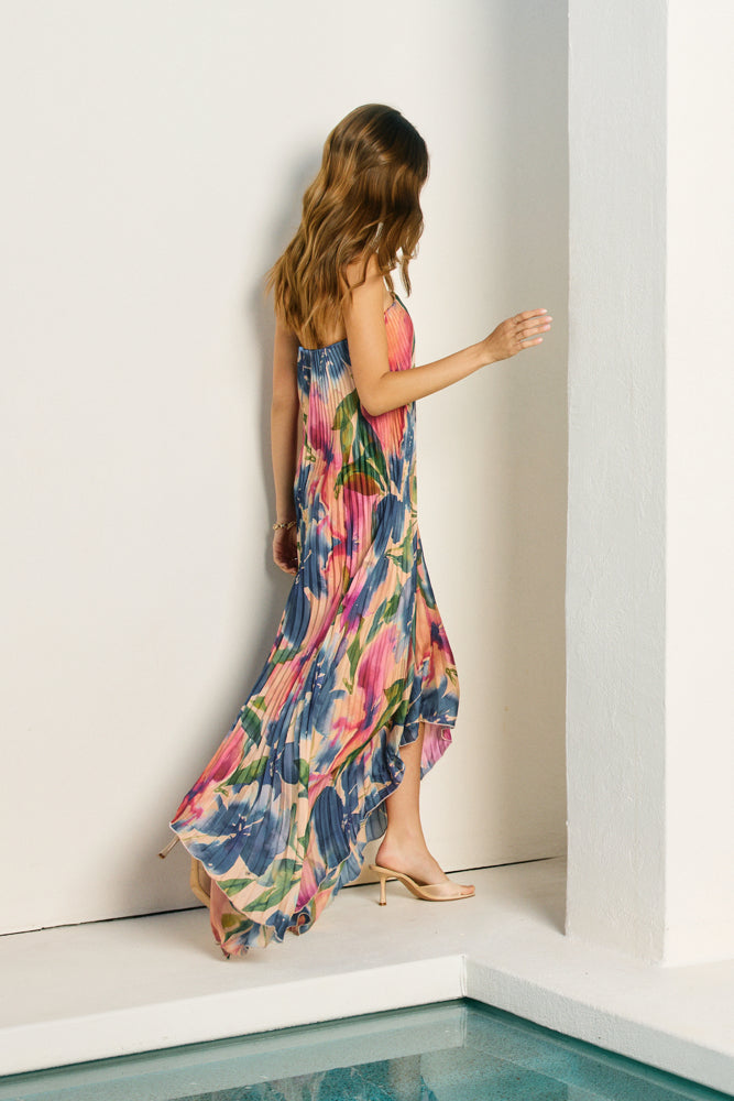 Floral Strapless Pleated Maxi Column Dress