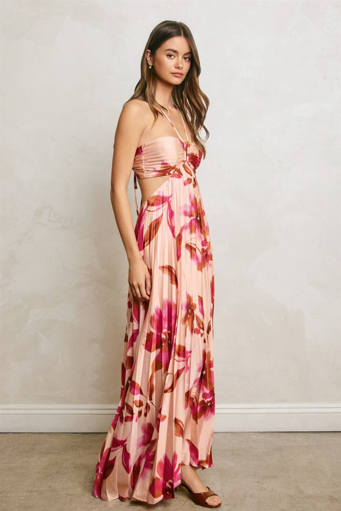 Floral Metal Trim Pleated Cutout Maxi Dress