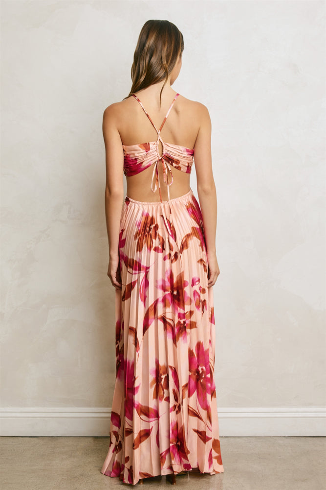 Floral Metal Trim Pleated Cutout Maxi Dress