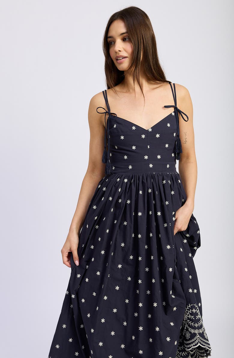 Tassel Tie Embroidered Midi Dress