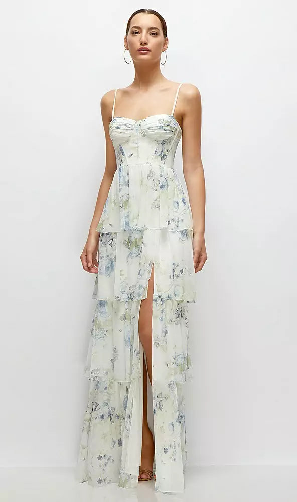 Bustier-Style Chiffon Tiered Ruffle Maxi Dress