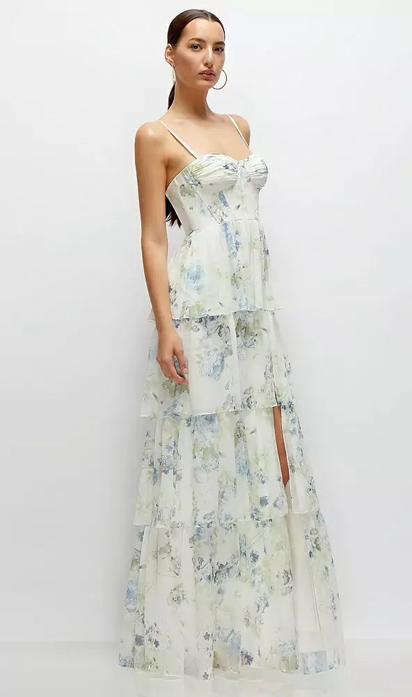 Bustier-Style Chiffon Tiered Ruffle Maxi Dress