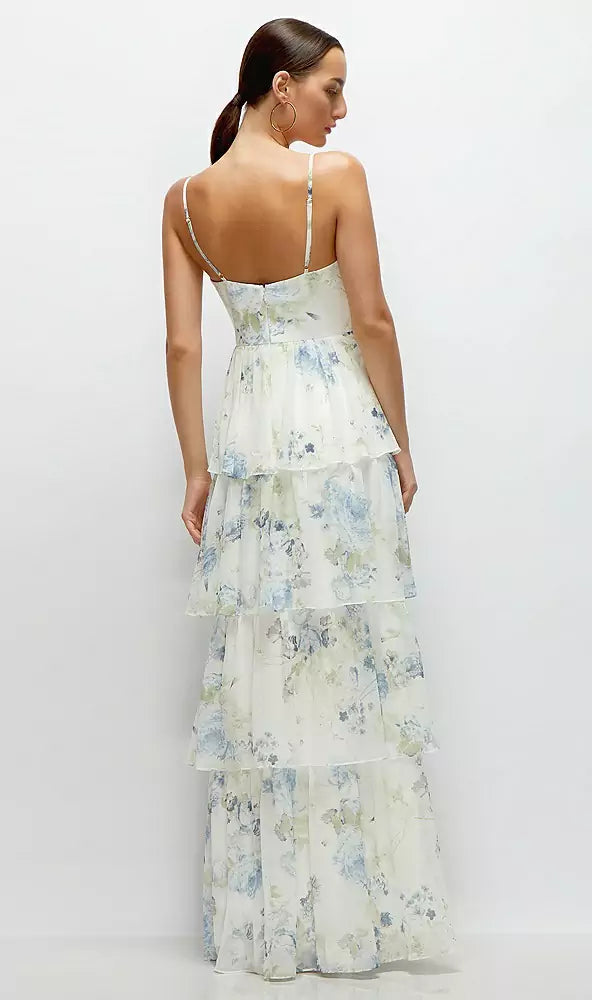 Bustier-Style Chiffon Tiered Ruffle Maxi Dress