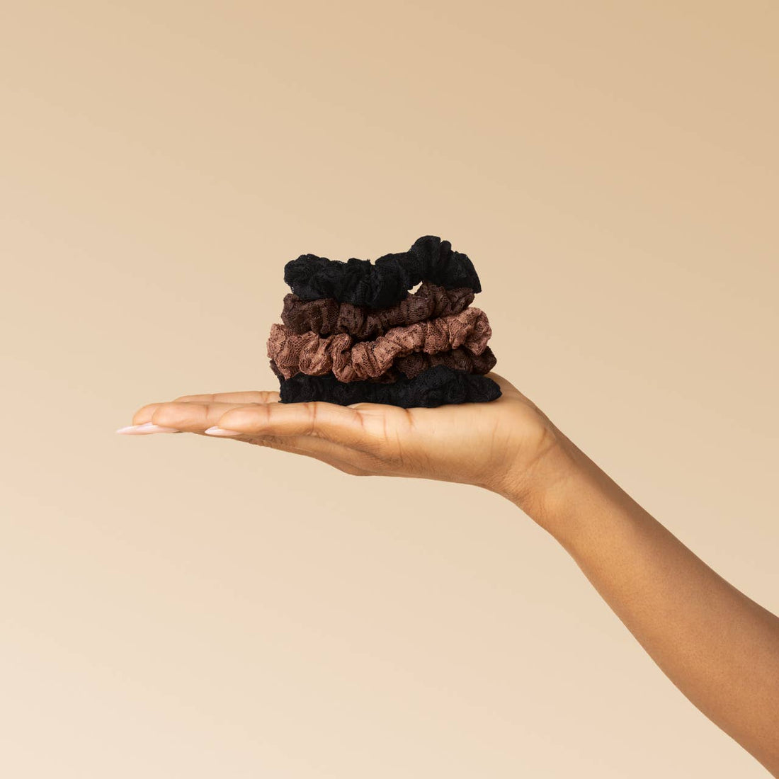 Ruched Lace Scrunchies 5pc Set - Black, Chocolate & Mocha