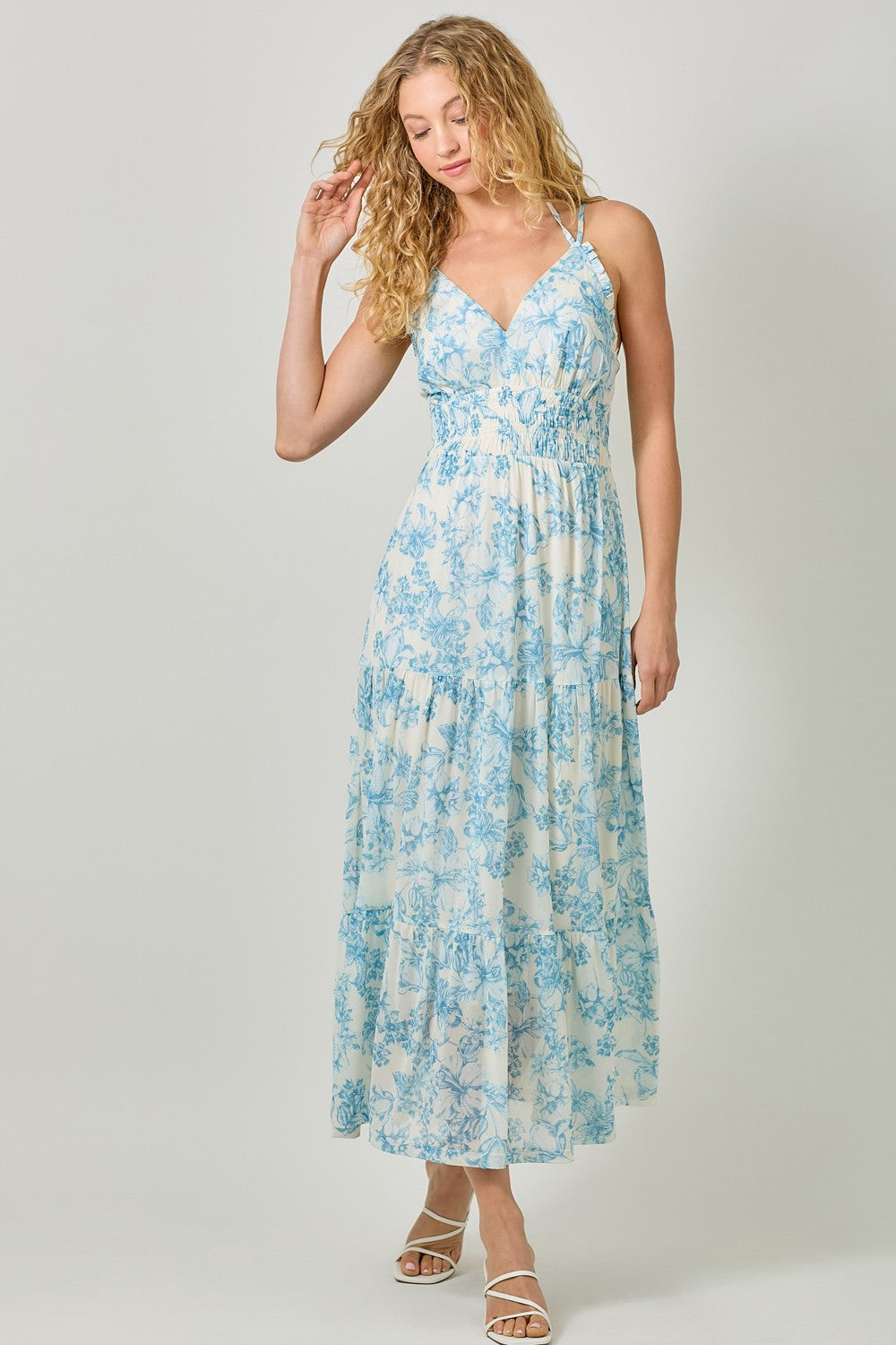 Printed Mesh Long Tiered Dress