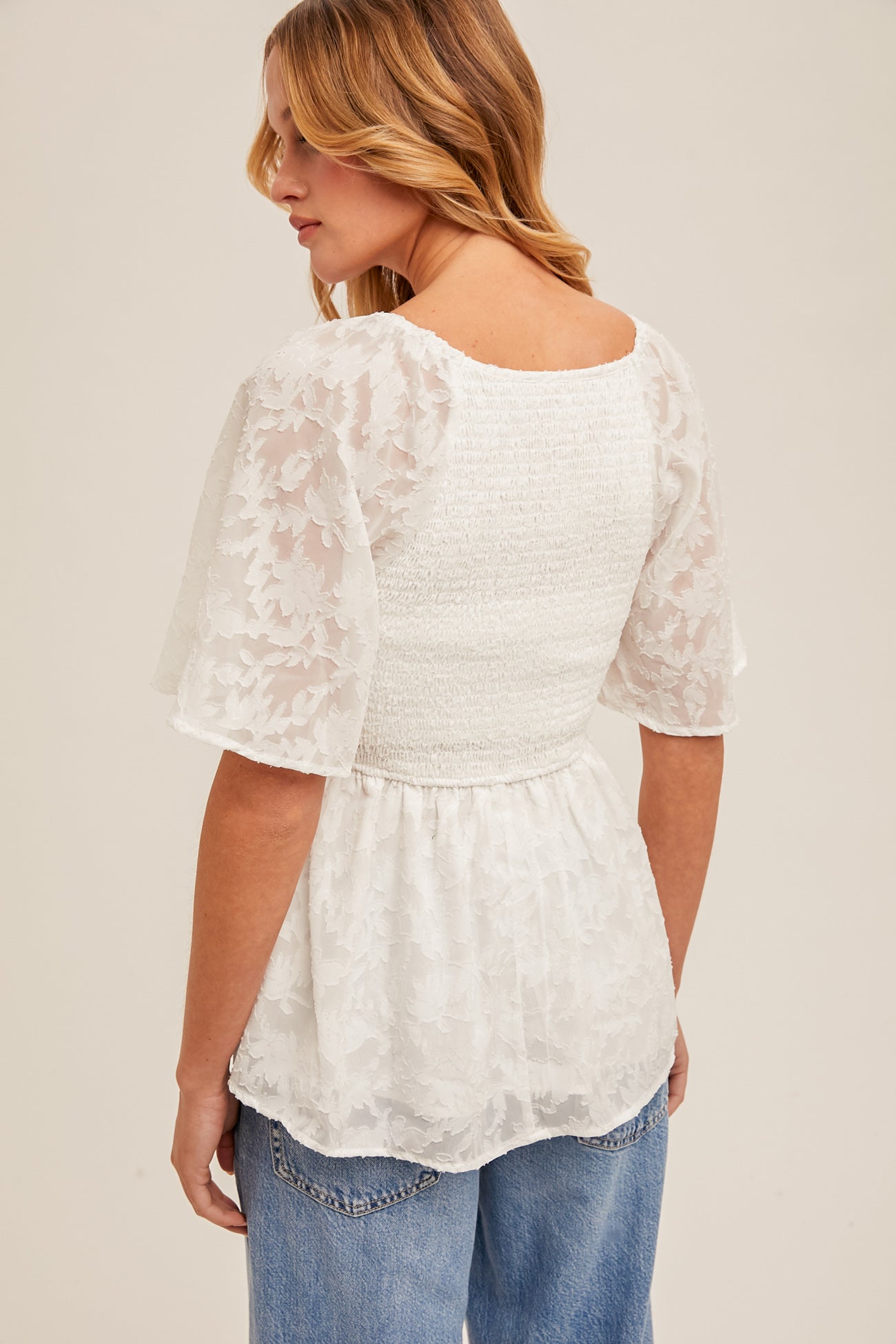 V-Neck Flutter Sleeve Smocked Peplum Top