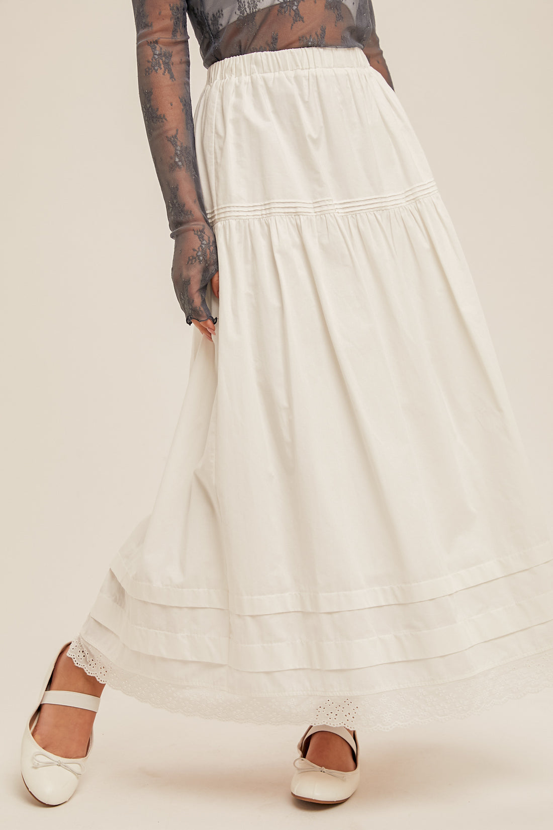 Pintuck Detailed Embroidery Edge Cotton Skirt