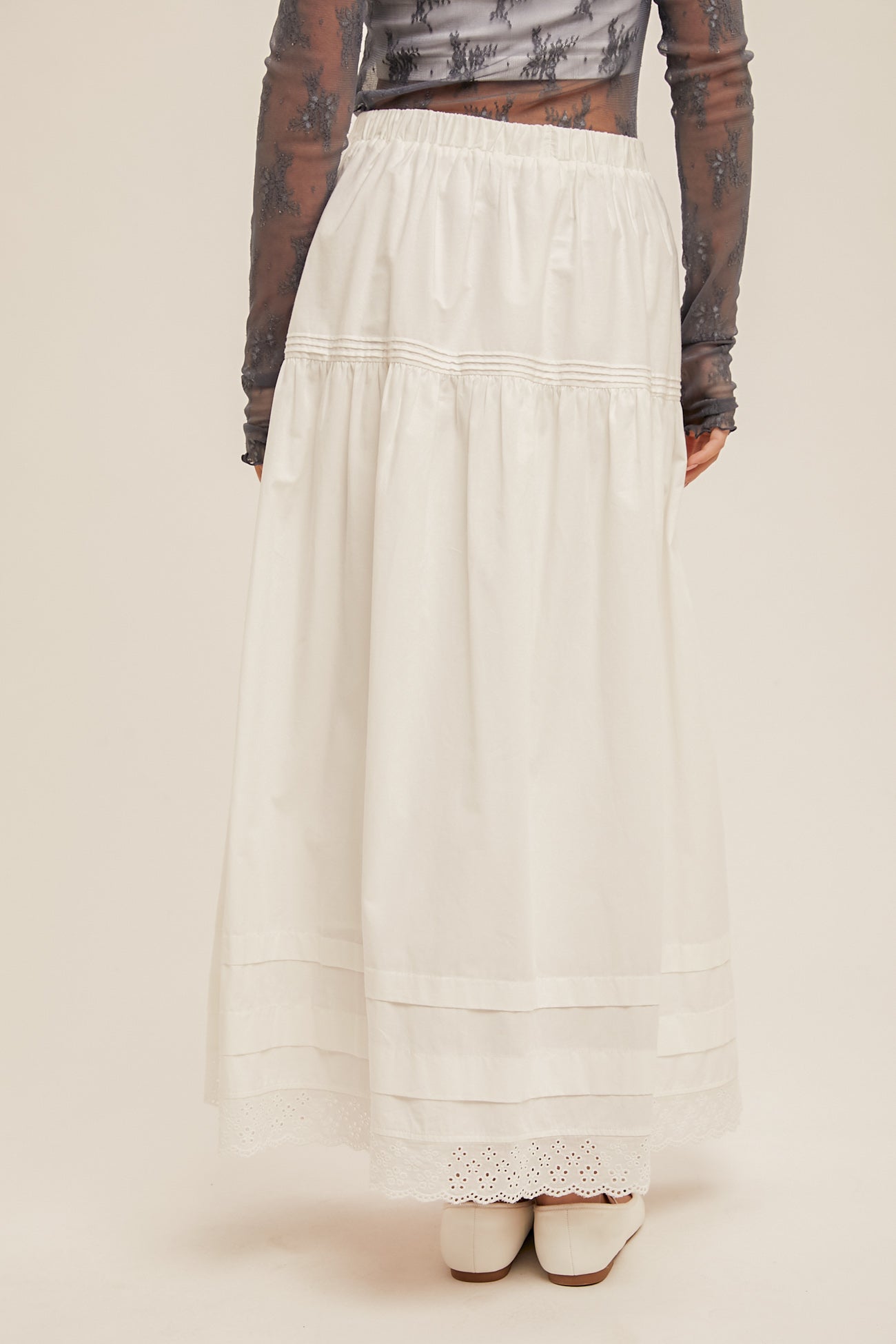 Pintuck Detailed Embroidery Edge Cotton Skirt