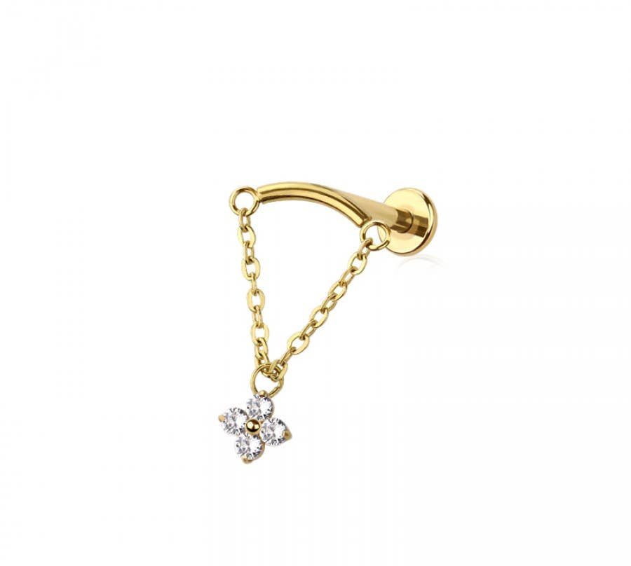CURVED BAR DANGLE CLEAR FLOWER CZ CHAIN PUSH IN TOP 316L SS