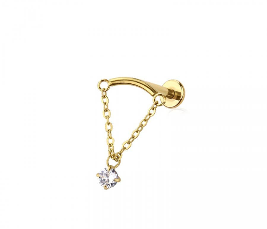 CURVED BAR DANGLE CLEAR ROUND CZ CHAIN PUSH IN TOP 316L SURG