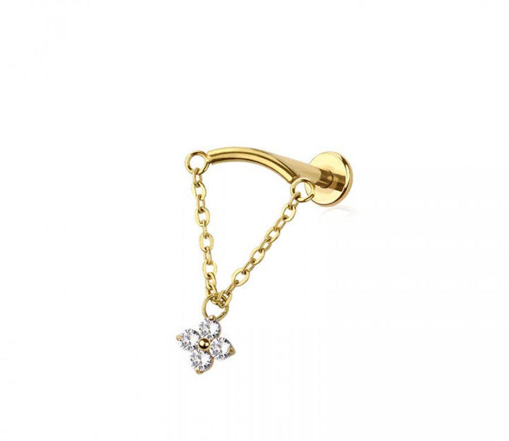 CURVED BAR DANGLE CLEAR FLOWER CZ CHAIN PUSH IN TOP 316L SS