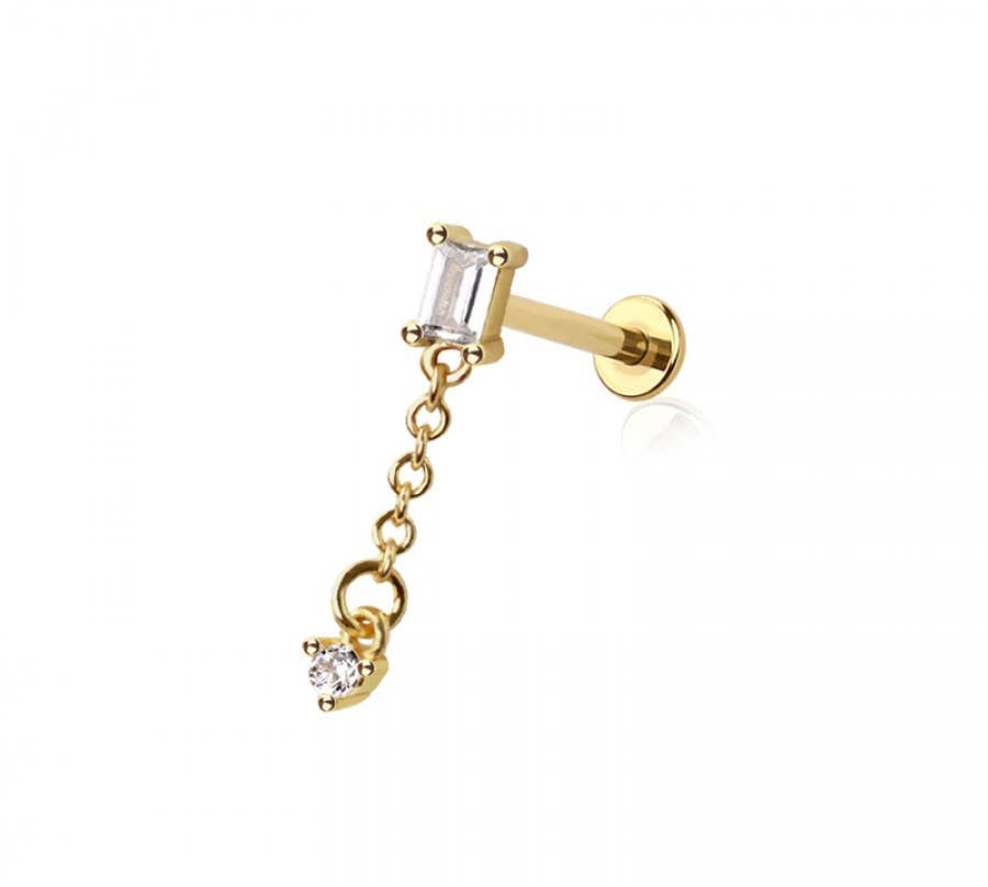 CZ BAGUETTE ROUND CZ DANGLE CHAIN TOP 316L SURGICAL STEEL