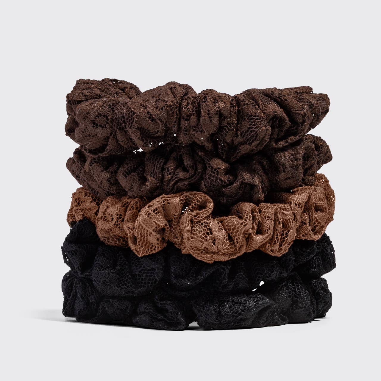Ruched Lace Scrunchies 5pc Set - Black, Chocolate & Mocha