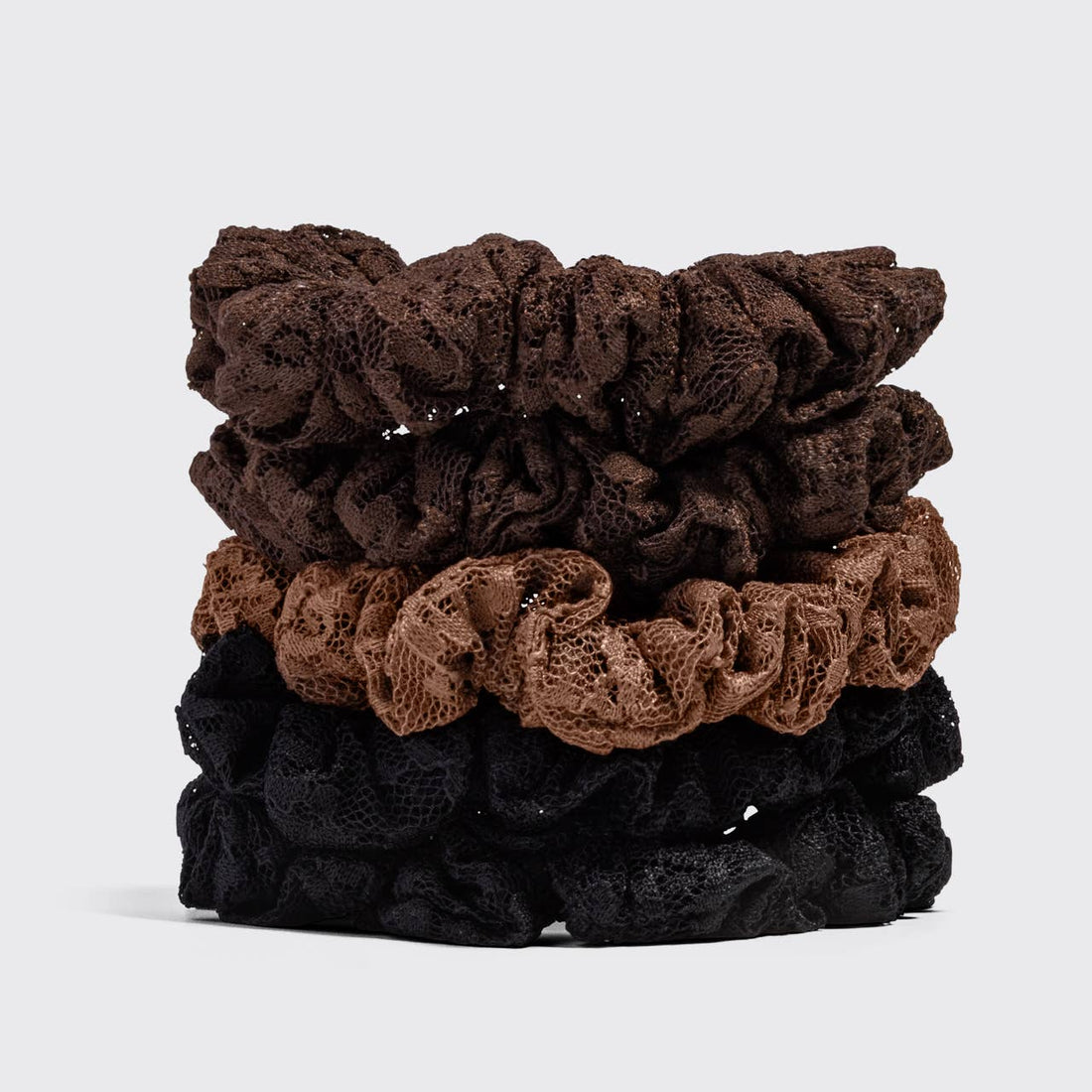 Ruched Lace Scrunchies 5pc Set - Black, Chocolate & Mocha
