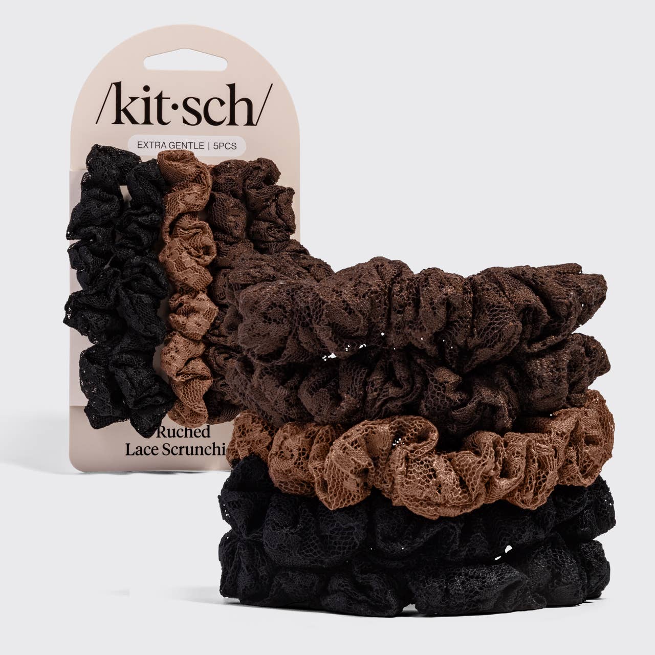 Ruched Lace Scrunchies 5pc Set - Black, Chocolate & Mocha