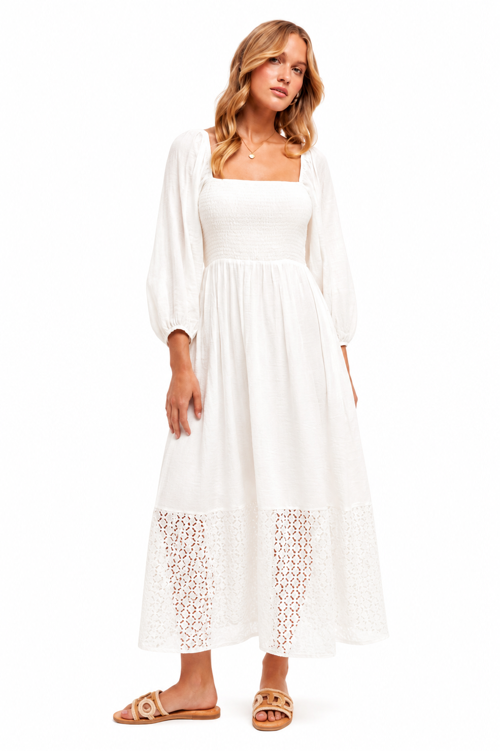 Dora Eyelet Contrast Smocked Bubble Sleeve Midi Dress