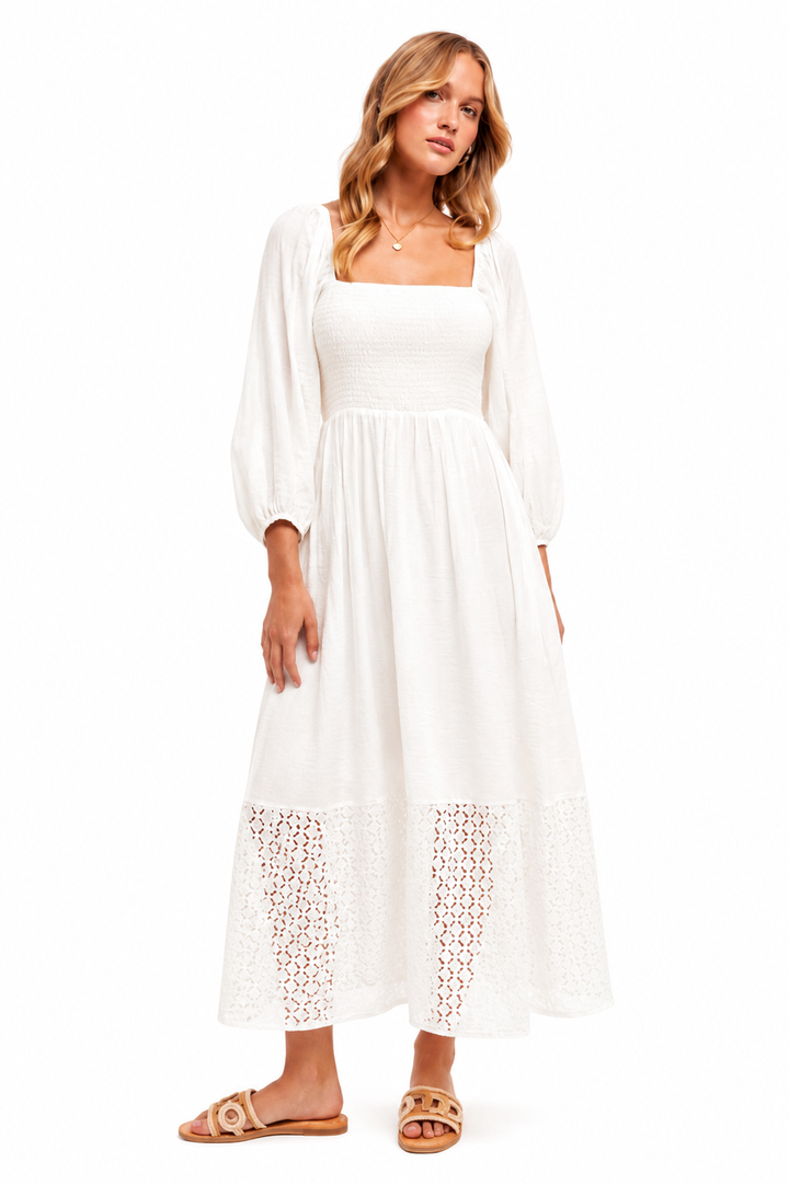 Dora Eyelet Contrast Smocked Bubble Sleeve Midi Dress