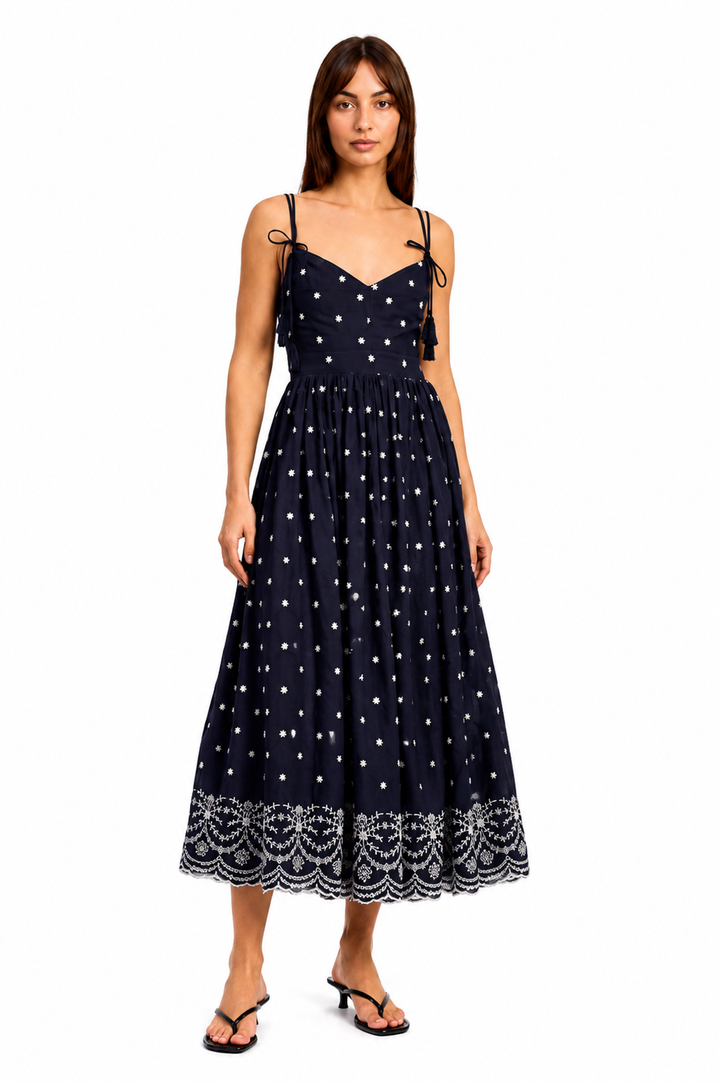 Tassel Tie Embroidered Midi Dress