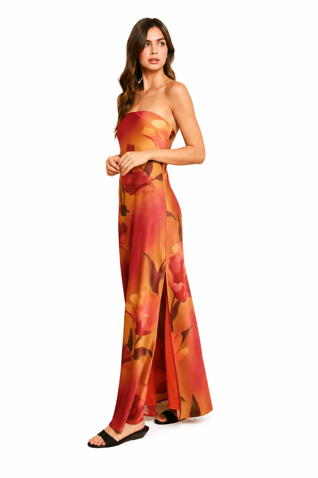 Floral Strapless Bias Cut Maxi Dress