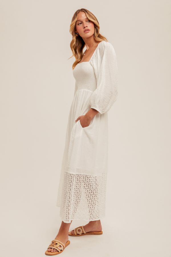Eyelet Contrast Smocked Bubble Sleeve Midi Dress