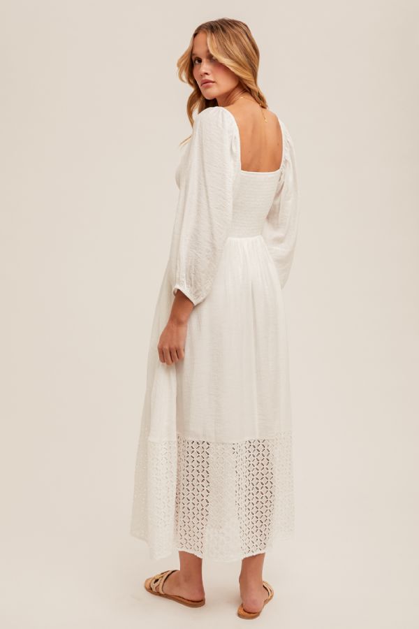 Eyelet Contrast Smocked Bubble Sleeve Midi Dress