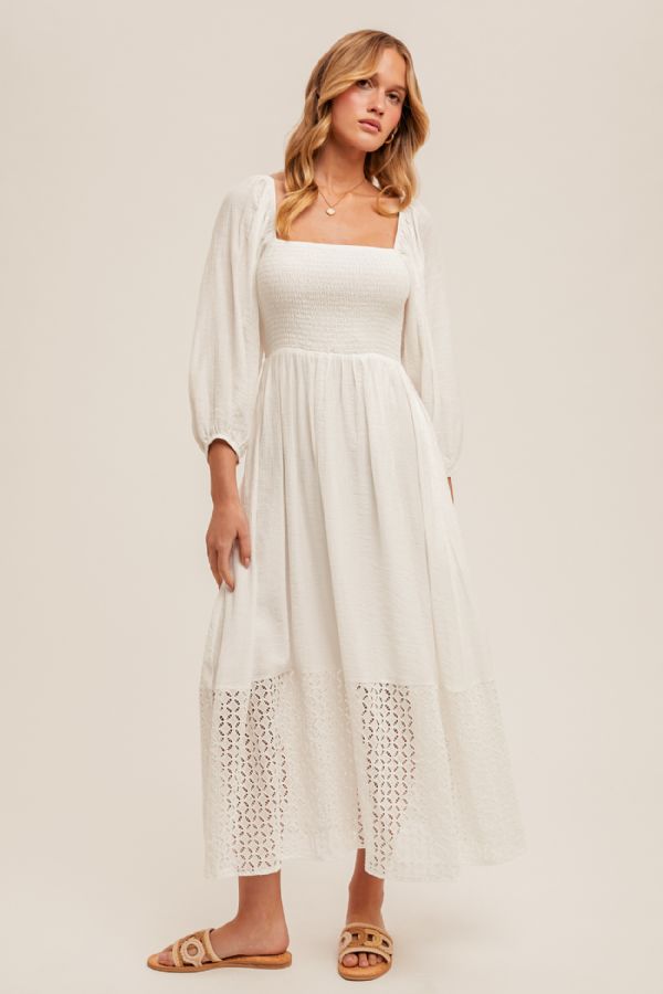 Eyelet Contrast Smocked Bubble Sleeve Midi Dress