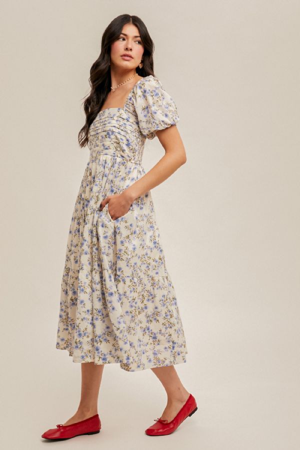 Floral Bubble Sleeve Maxi Dress