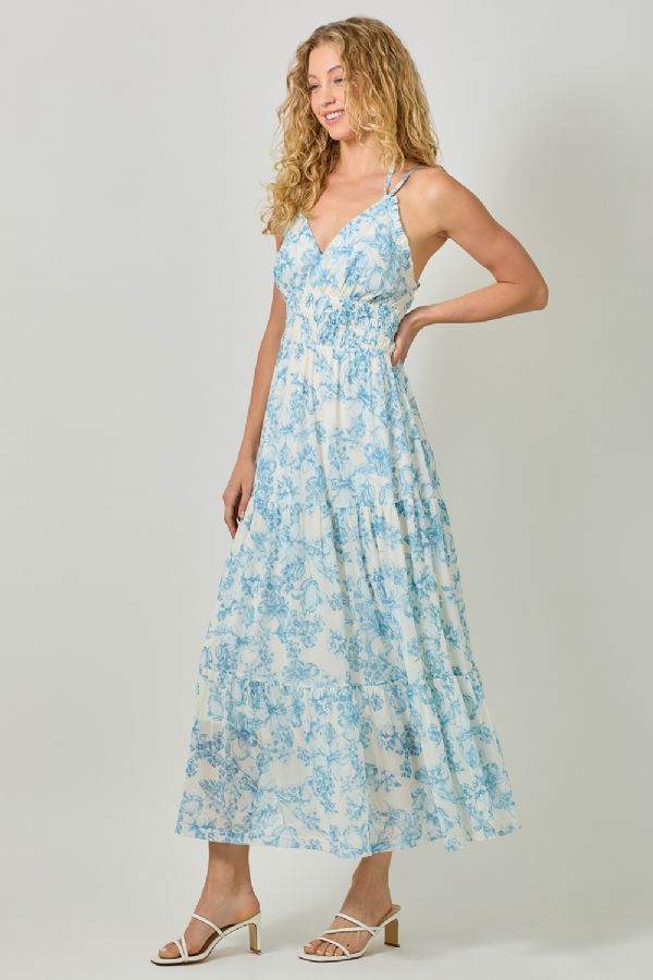 Printed Mesh Long Tiered Dress