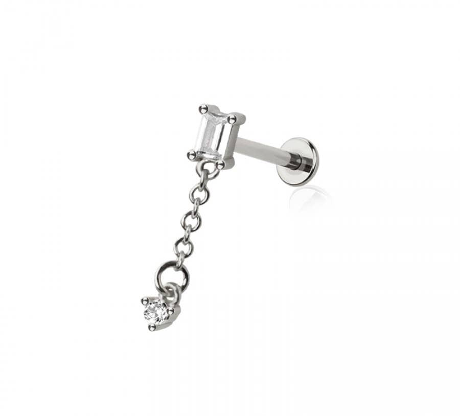 CZ BAGUETTE ROUND CZ DANGLE CHAIN TOP 316L SURGICAL STEEL
