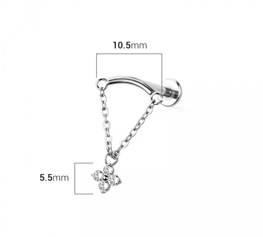 CURVED BAR DANGLE CLEAR FLOWER CZ CHAIN PUSH IN TOP 316L SS