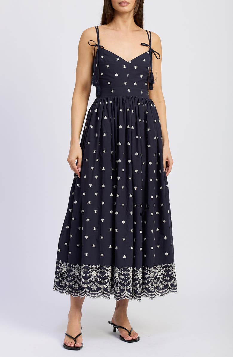 Tassel Tie Embroidered Midi Dress