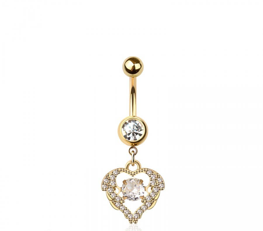 316L SURGICAL STEEL MULTI CZ HEART DANGLE BELLY BUTTON NAVEL