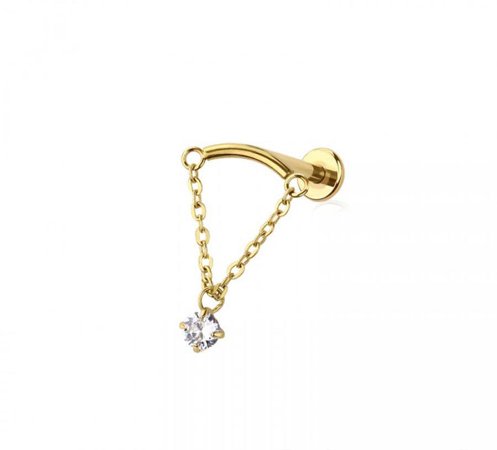 CURVED BAR DANGLE CLEAR ROUND CZ CHAIN PUSH IN TOP 316L SURG