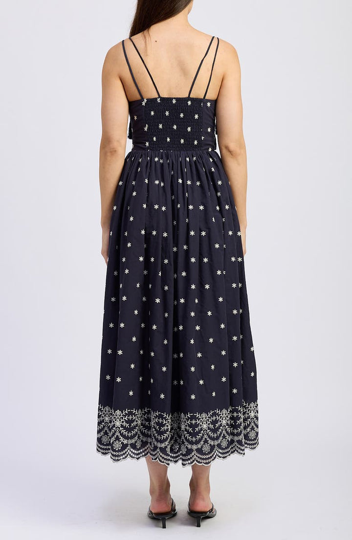 Tassel Tie Embroidered Midi Dress