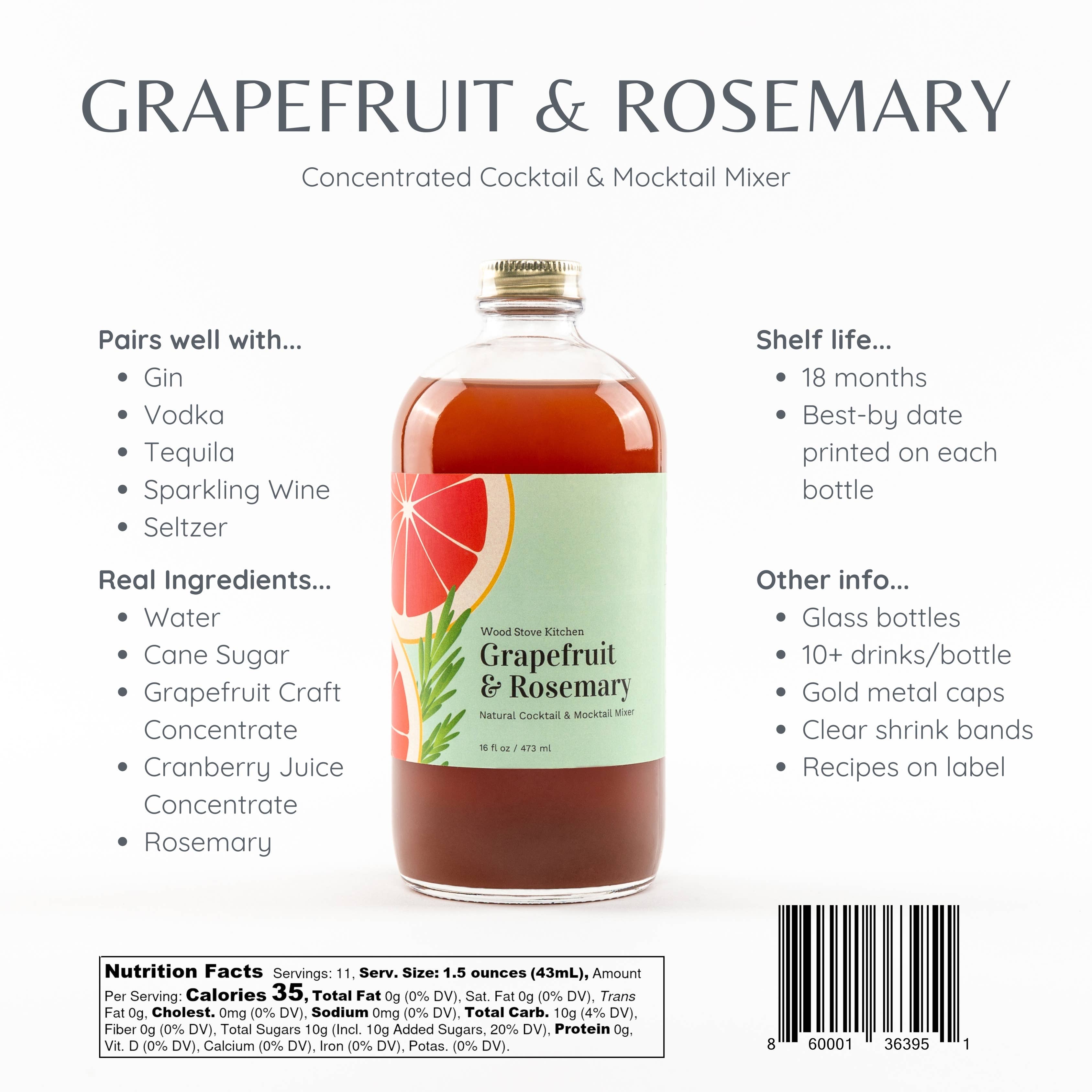 Grapefruit & Rosemary Cocktail and Mocktail Mixer, 16 fl oz