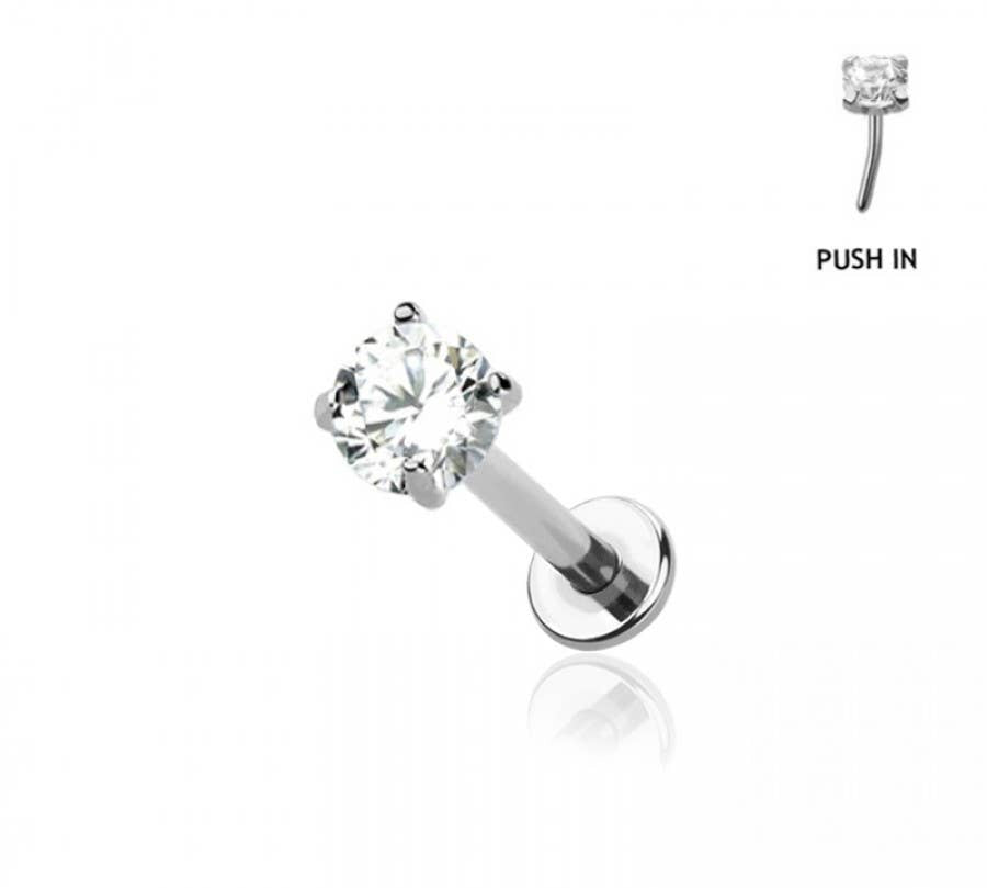 316L SURGICAL STEEL CZ PRONG SET PUSH IN THREADLESS LABRET