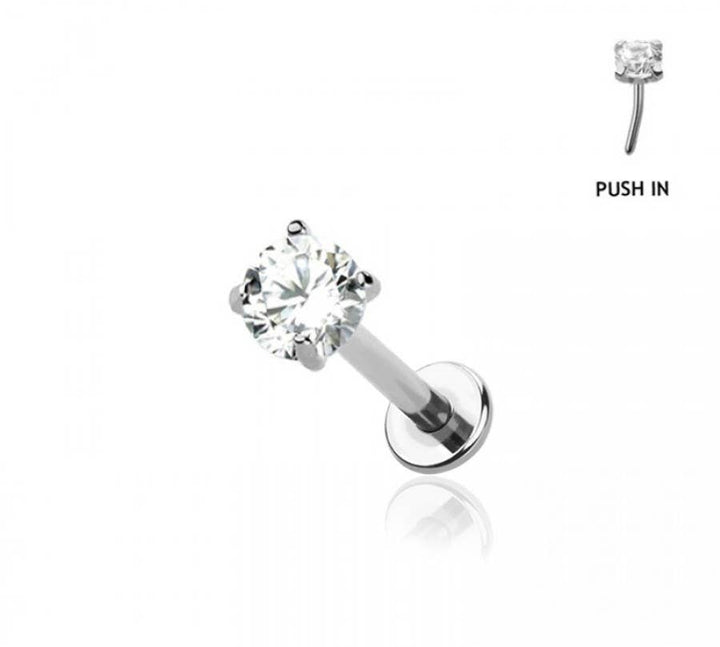 316L SURGICAL STEEL CZ PRONG SET PUSH IN THREADLESS LABRET