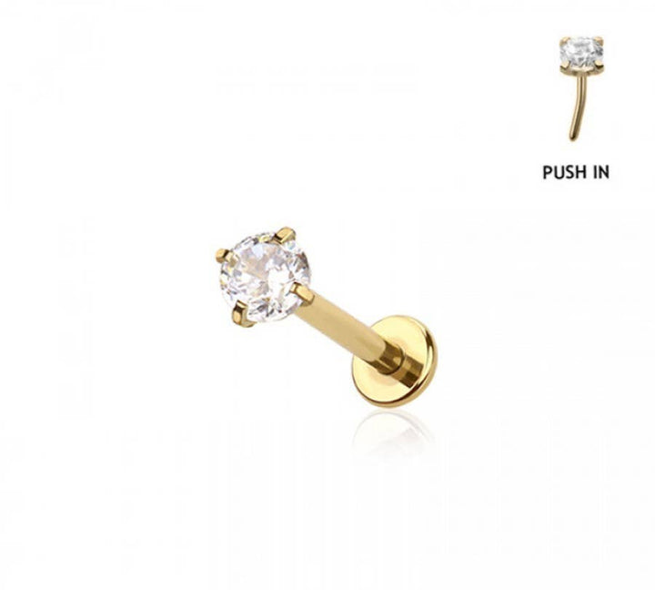 316L SURGICAL STEEL CZ PRONG SET PUSH IN THREADLESS LABRET