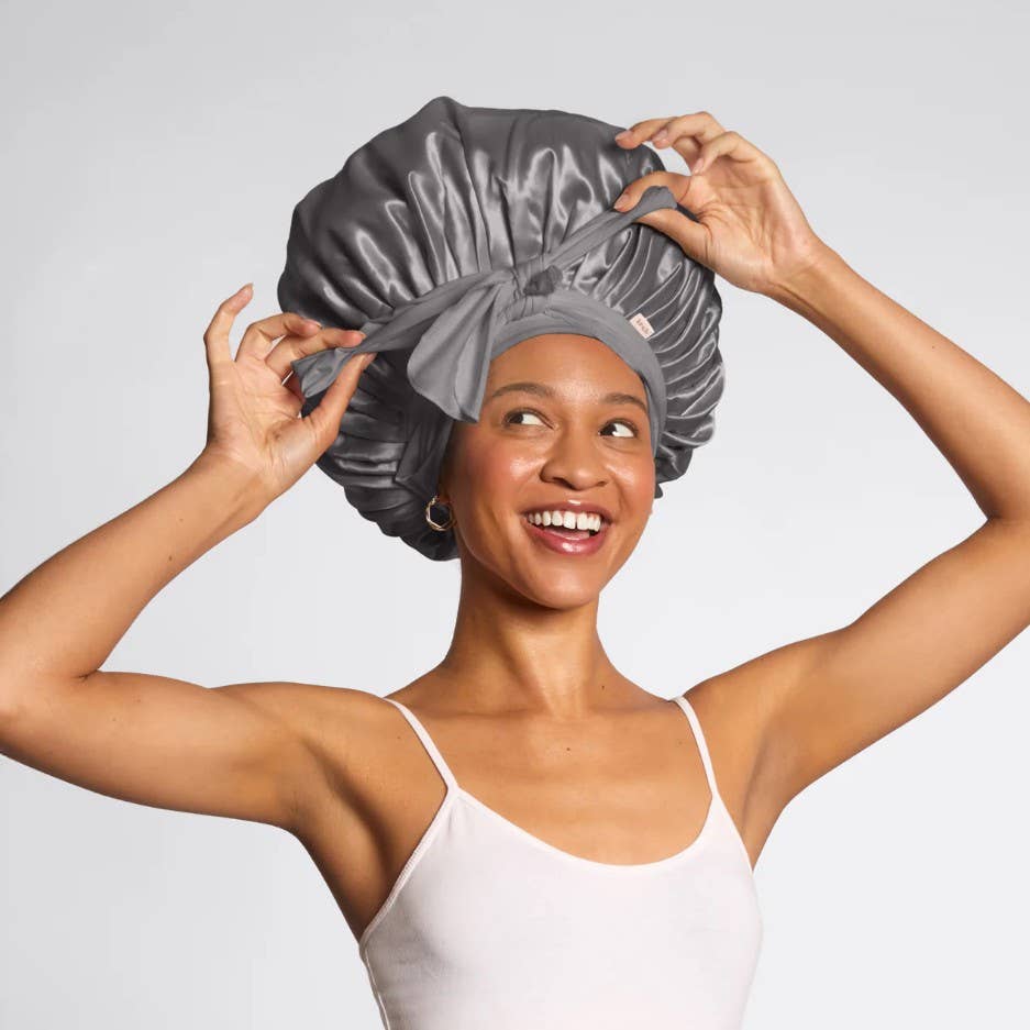 Adjustable Oversized Satin Bonnet in Charcoal