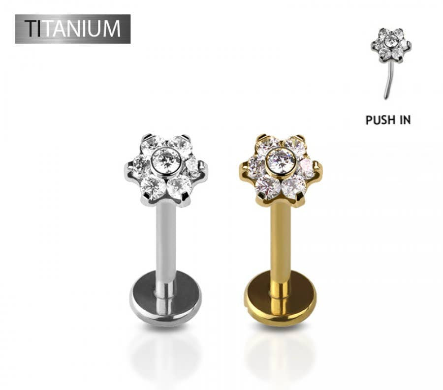 TITANIUM THREADLESS PUSH IN CZ FLOWER LABRET