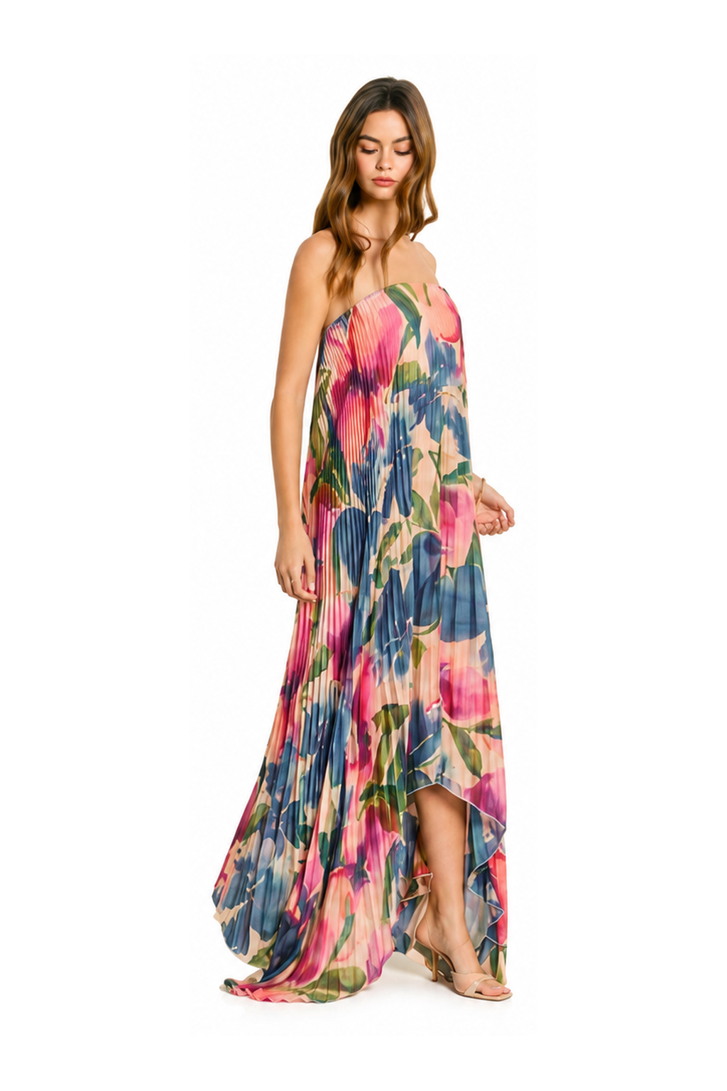 Floral Strapless Pleated Maxi Column Dress