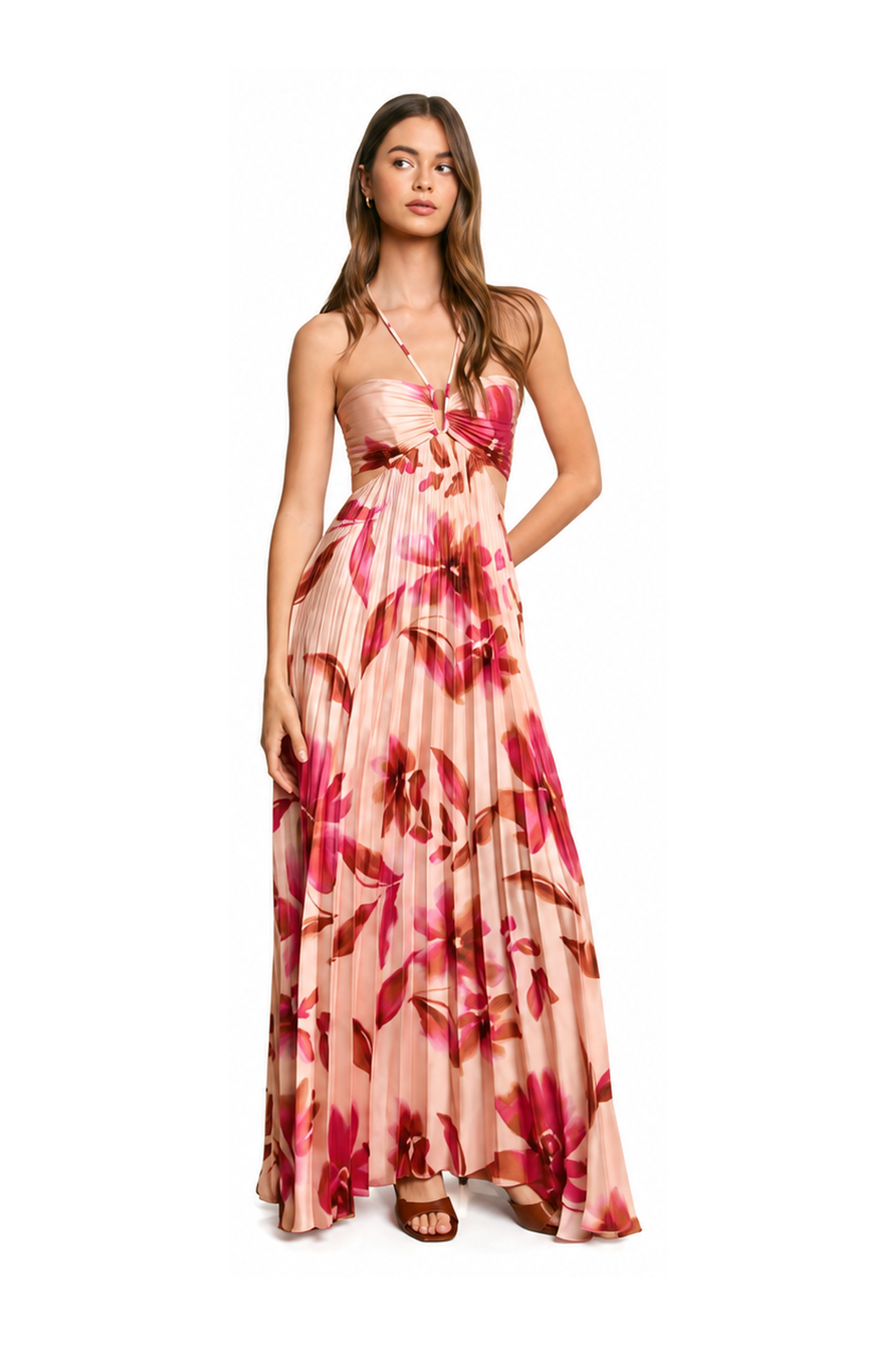 Floral Metal Trim Pleated Cutout Maxi Dress