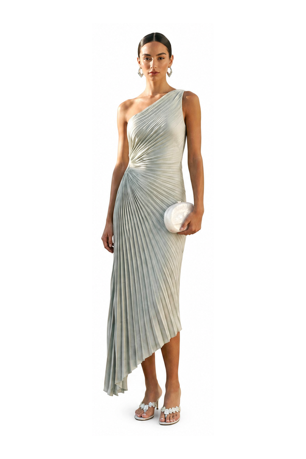 Satin One Shoulder Asymmetrical Pleated Dress